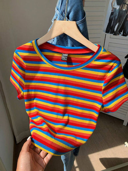 Comfortcana Camiseta de punto ajustada de mujer con rayas de colores