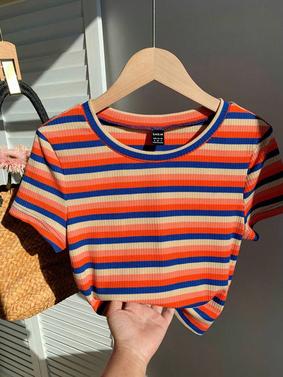 Comfortcana Camiseta de punto ajustada de mujer con rayas de colores