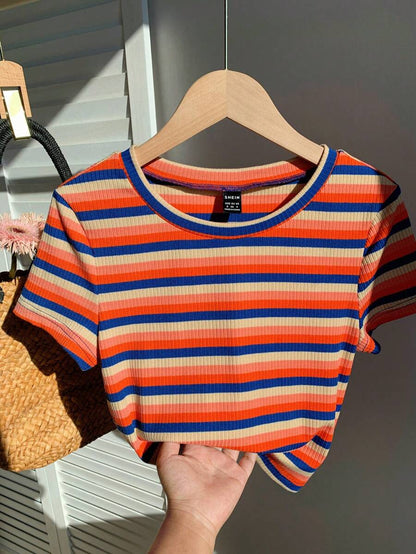 Comfortcana Camiseta de punto ajustada de mujer con rayas de colores