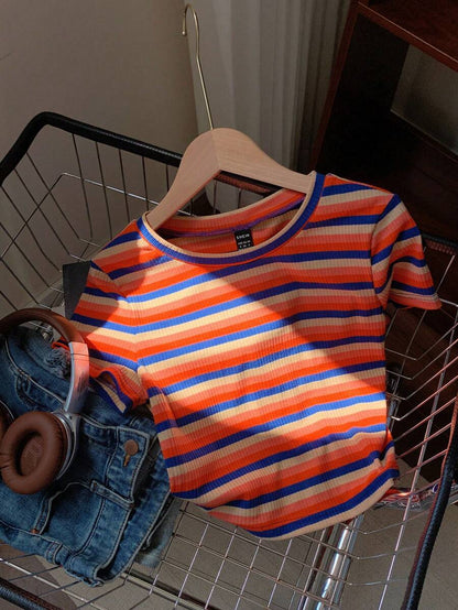 Comfortcana Camiseta de punto ajustada de mujer con rayas de colores