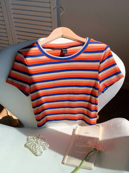 Comfortcana Camiseta de punto ajustada de mujer con rayas de colores