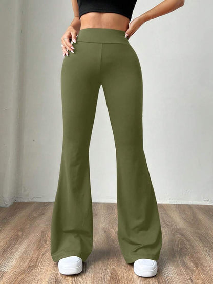 SHEIN EZwear Pantalones de tubo acampanado ajustados para mujer de punto verde militar