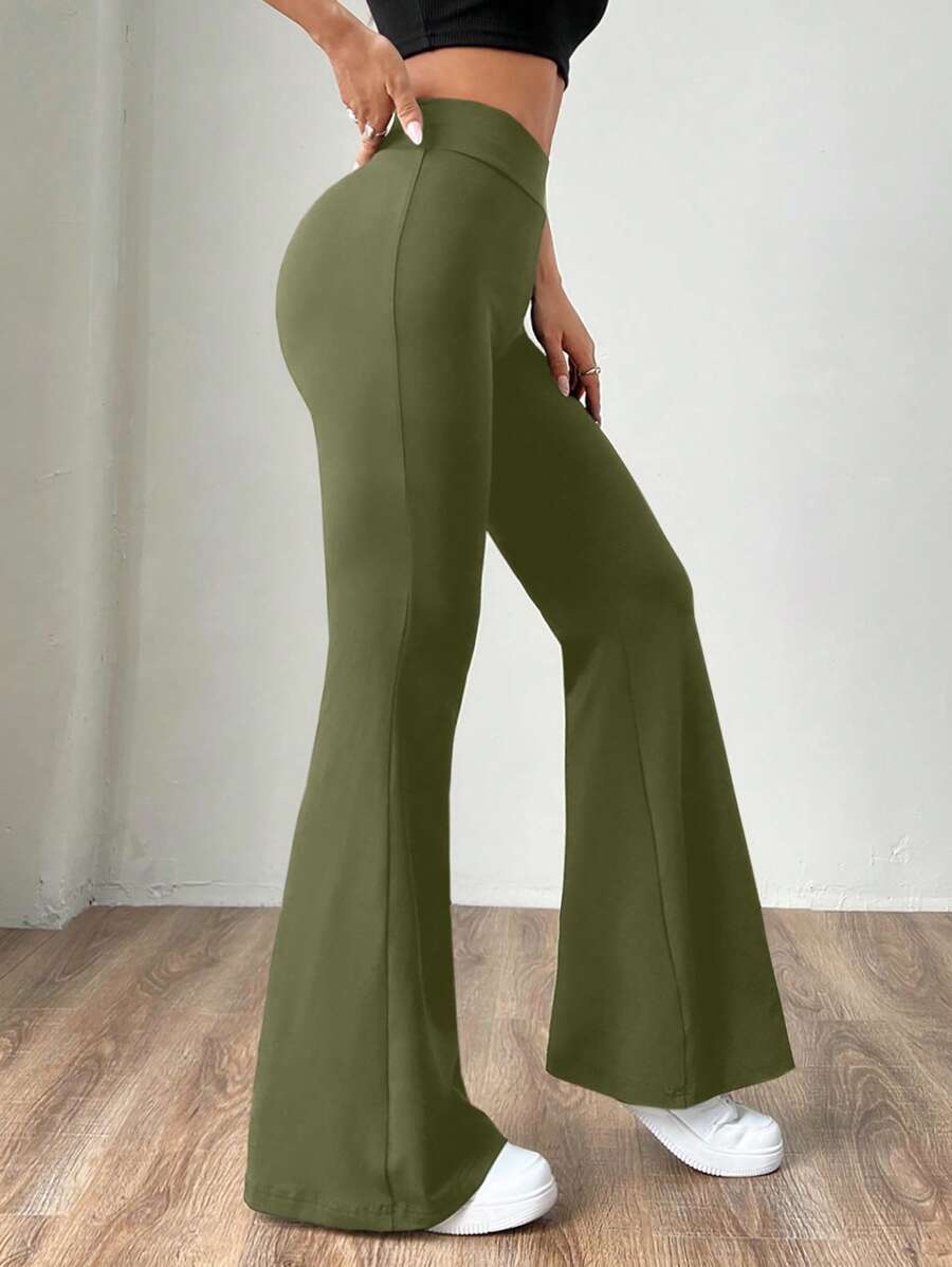 SHEIN EZwear Pantalones de tubo acampanado ajustados para mujer de punto verde militar