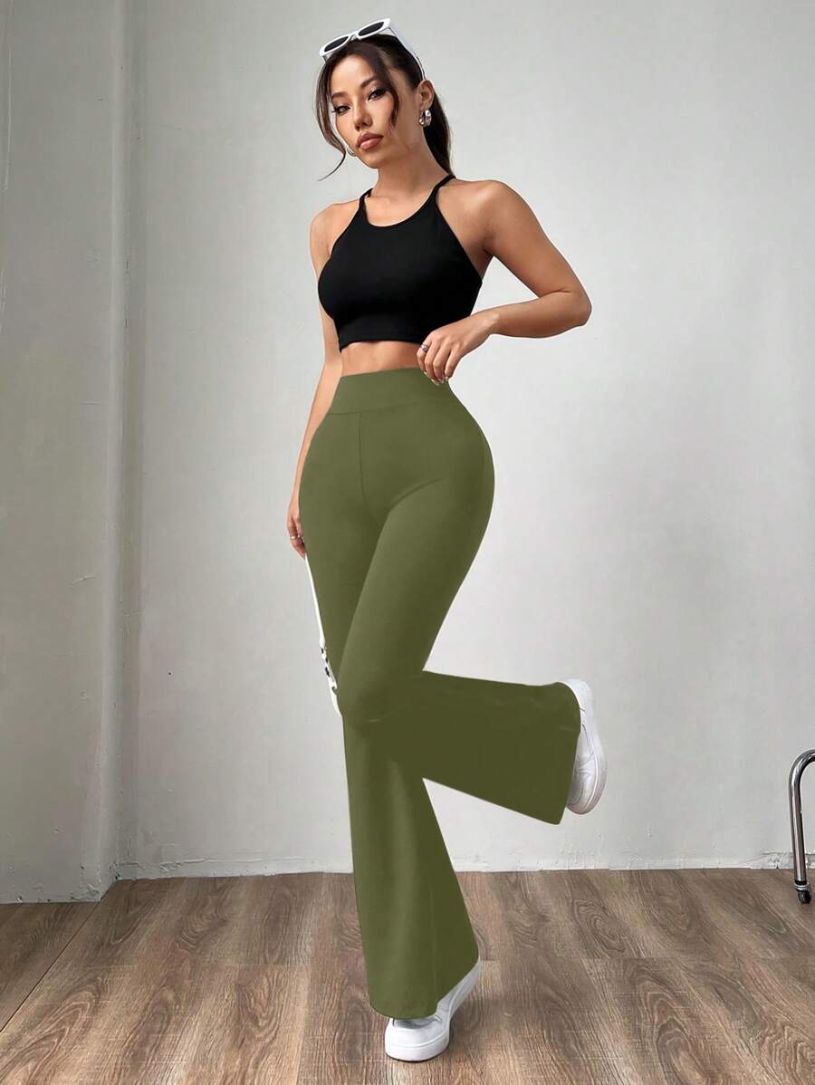 SHEIN EZwear Pantalones de tubo acampanado ajustados para mujer de punto verde militar