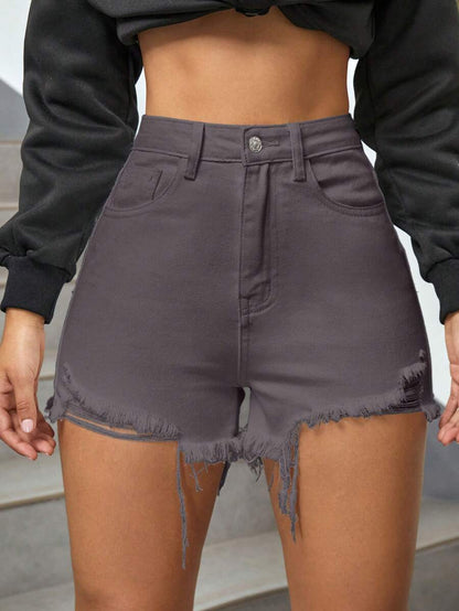 SHEIN EZwear Shorts mezclilla desgarro bajo crudo de talle alto