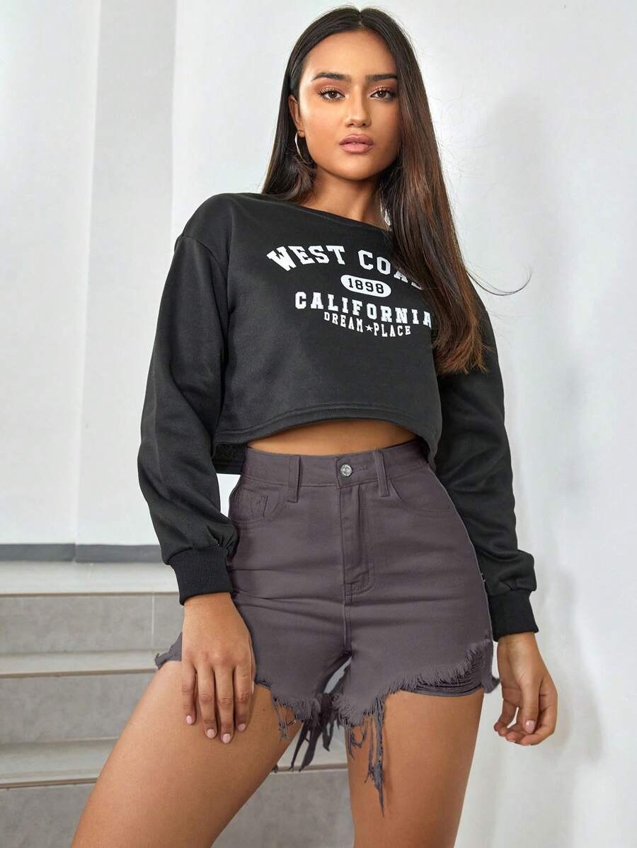 SHEIN EZwear Shorts mezclilla desgarro bajo crudo de talle alto