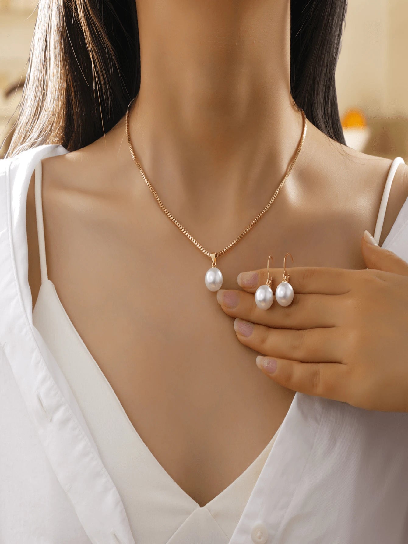 Juego de 3 piezas de collares y aretes de perlas sencillos, adecuado para uso diario, festivales y fiestas de mujeres
