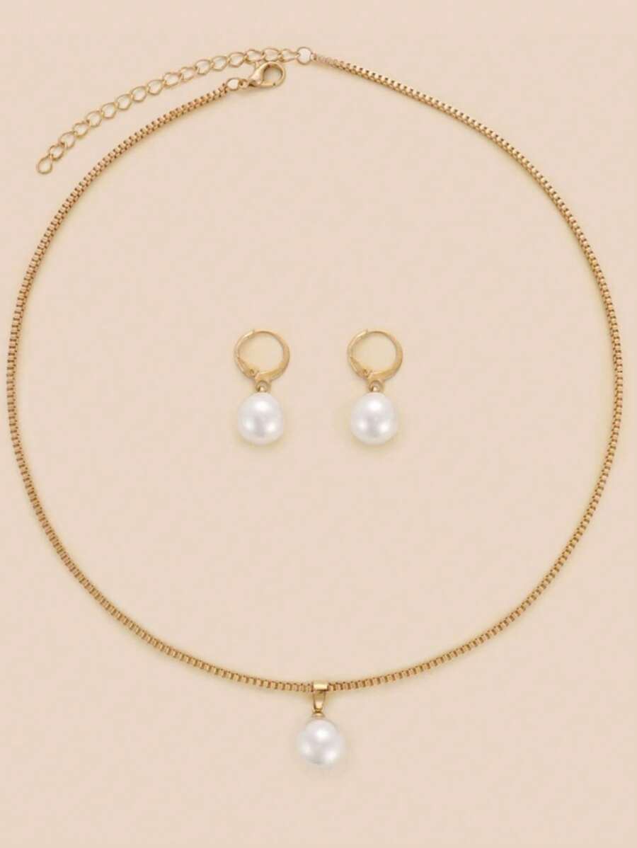 Juego de 3 piezas de collares y aretes de perlas sencillos, adecuado para uso diario, festivales y fiestas de mujeres