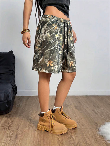 Coolane Shorts de punto con estampado de camuflaje con patrón de ramas de árbol para mujer, de estilo callejero de moda para primavera y verano