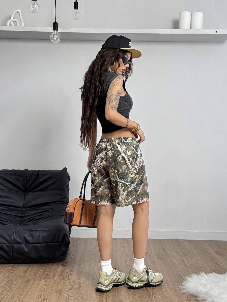 Coolane Shorts de punto con estampado de camuflaje con patrón de ramas de árbol para mujer, de estilo callejero de moda para primavera y verano