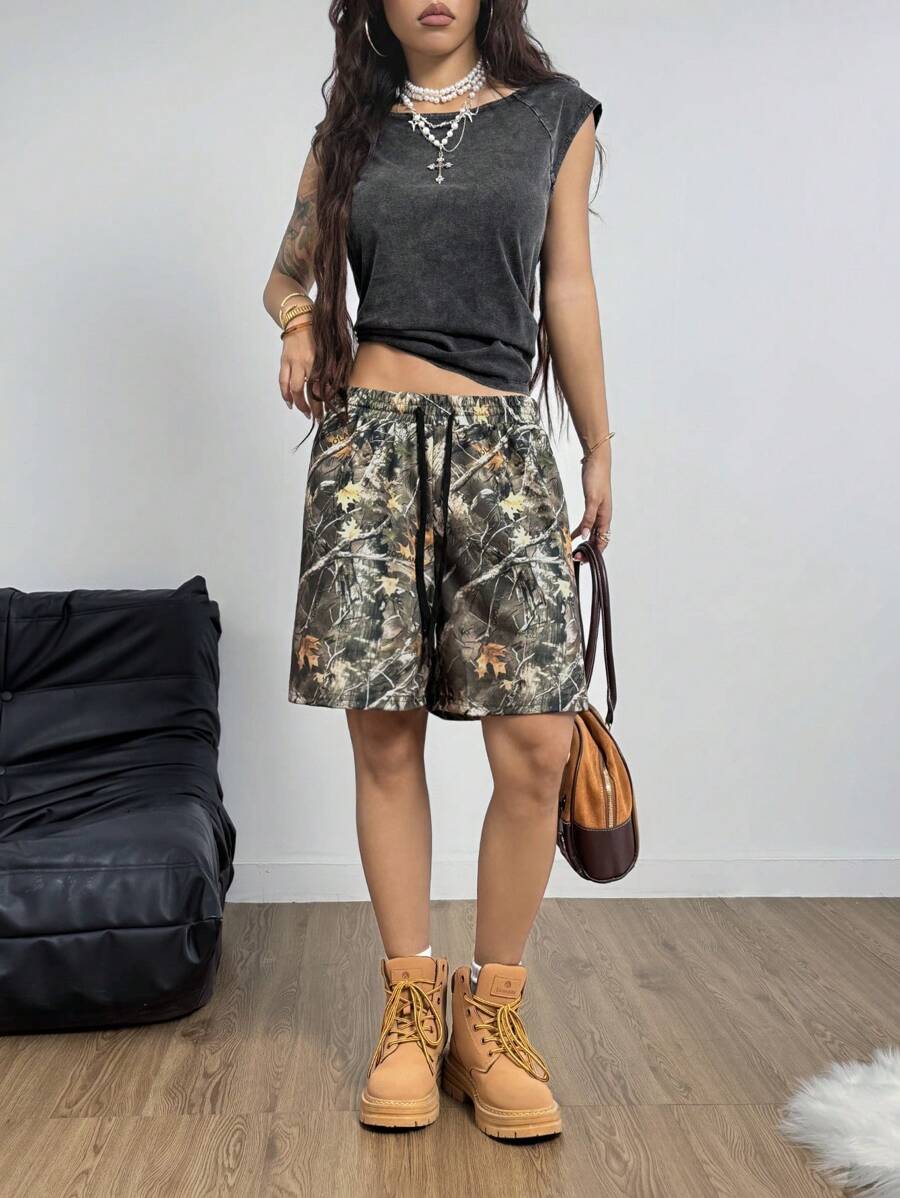 Coolane Shorts de punto con estampado de camuflaje con patrón de ramas de árbol para mujer, de estilo callejero de moda para primavera y verano