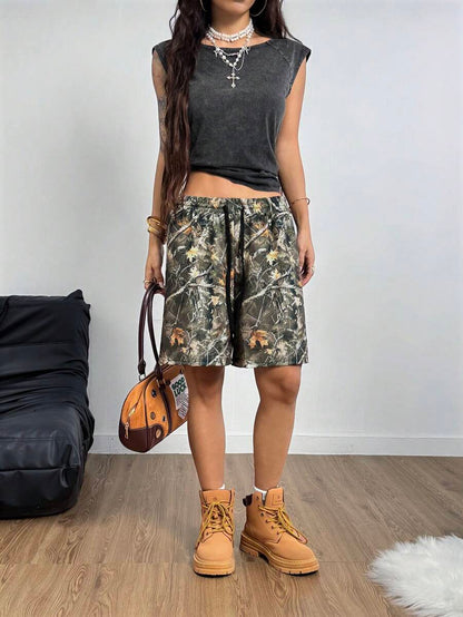 Coolane Shorts de punto con estampado de camuflaje con patrón de ramas de árbol para mujer, de estilo callejero de moda para primavera y verano