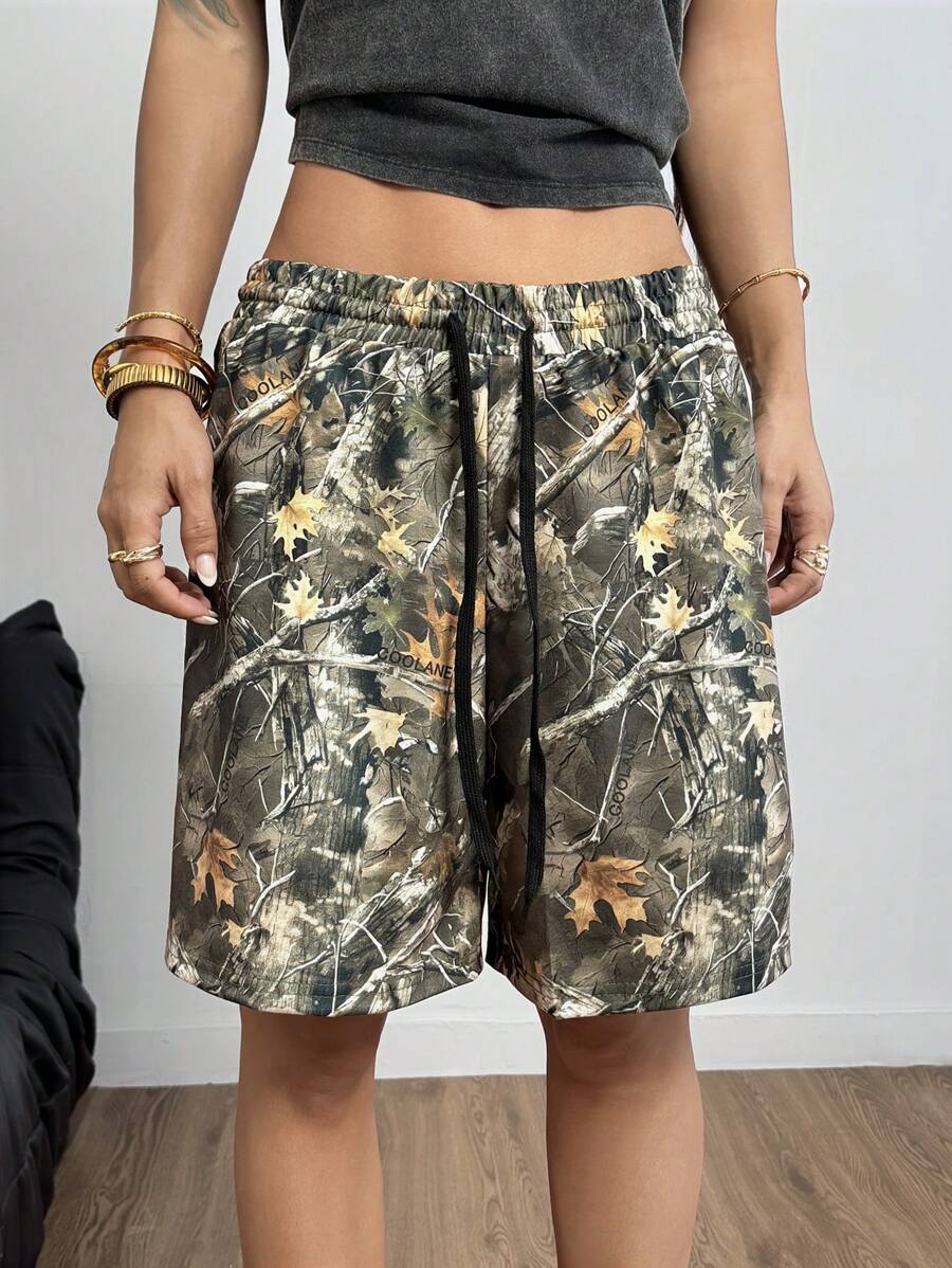 Coolane Shorts de punto con estampado de camuflaje con patrón de ramas de árbol para mujer, de estilo callejero de moda para primavera y verano