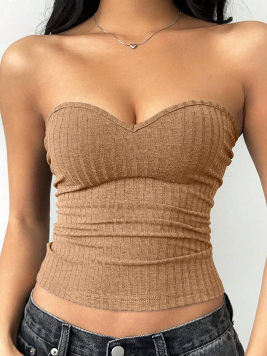 SHEIN BASICS Camiseta de punto ajustada de color liso informal para mujer
