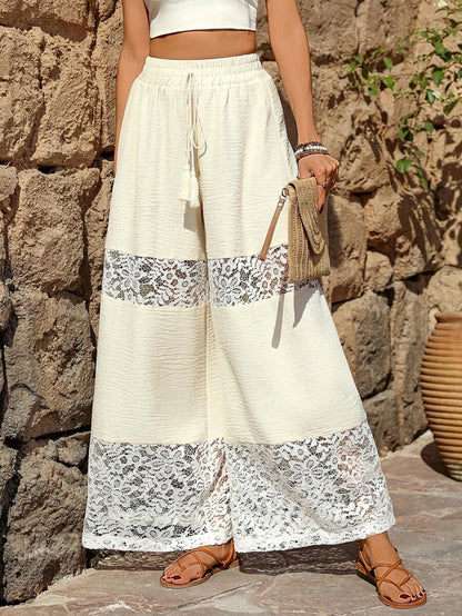 Breezaya Pantalones casuales de mujer con empuñadura de encaje en la cintura y cordón a la altura del vientre de un solo color