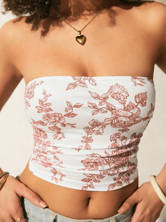 SHEIN EZwear Top de camisola sin mangas y con estampado de flores y patrones de plantas para vacaciones casuales de verano