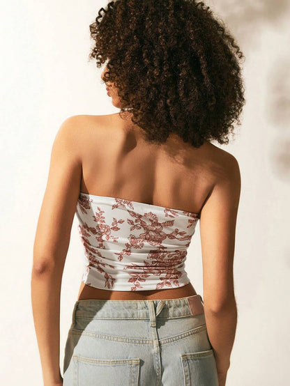 SHEIN EZwear Top de camisola sin mangas y con estampado de flores y patrones de plantas para vacaciones casuales de verano