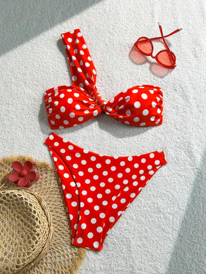 Swim Mod Traje de baño de 2 piezas ajustado casual con un solo hombro, estampado de lunares para vacaciones, sexy para mujer