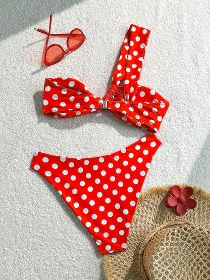 Swim Mod Traje de baño de 2 piezas ajustado casual con un solo hombro, estampado de lunares para vacaciones, sexy para mujer