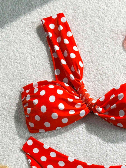 Swim Mod Traje de baño de 2 piezas ajustado casual con un solo hombro, estampado de lunares para vacaciones, sexy para mujer