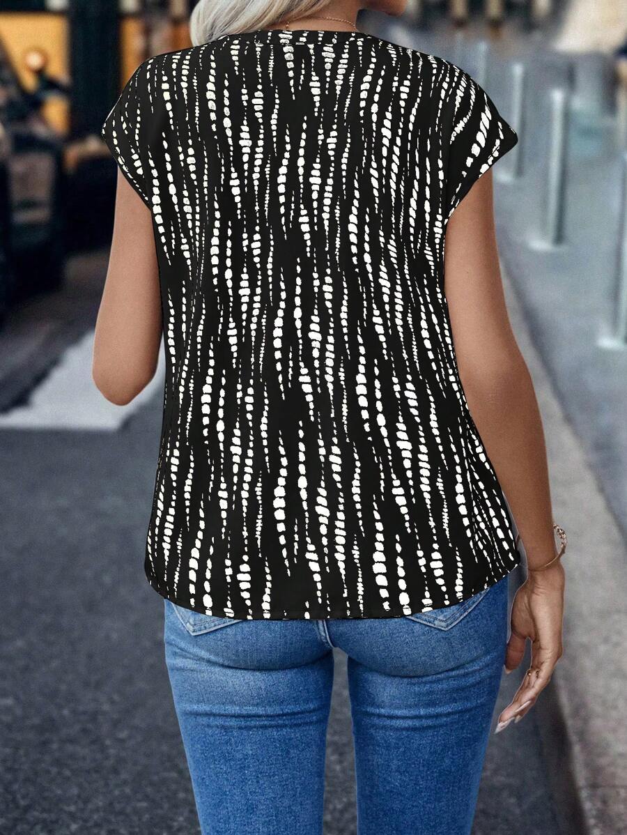 SHEIN LUNE Blusa casual de verano para mujer con escote en pico y estampado integral