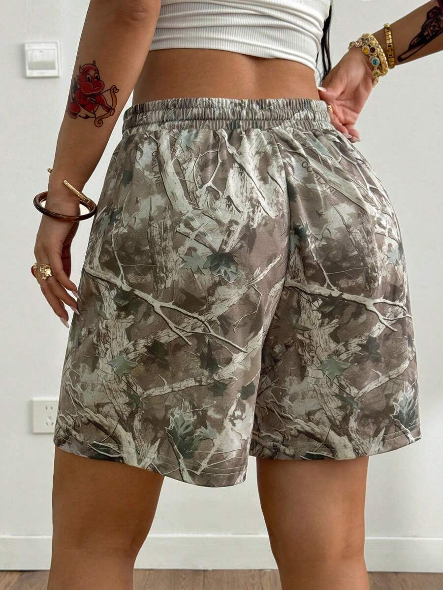 Coolane Shorts de punto con estampado de camuflaje con patrón de ramas de árbol para mujer, de estilo callejero de moda para primavera y verano