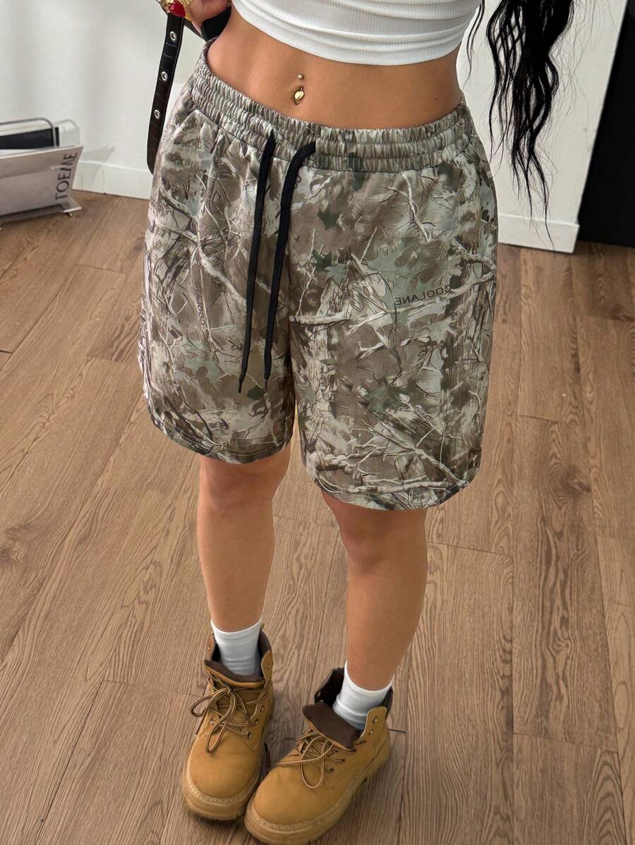 Coolane Shorts de punto con estampado de camuflaje con patrón de ramas de árbol para mujer, de estilo callejero de moda para primavera y verano