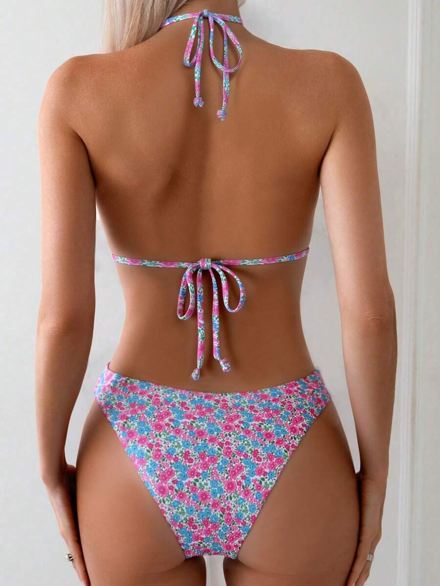 SHEIN Swim Conjunto de bikini sexy con estampado floral y lazo en el cuello para mujer, diseño de estampado aleatorio para el verano y la playa