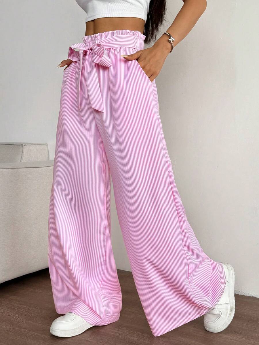 Chiquease Pantalones casuales para mujer con cintura de bolsa de papel, pierna ancha y rayas verticales de color contrastante