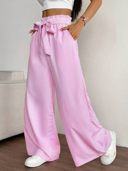 Chiquease Pantalones casuales para mujer con cintura de bolsa de papel, pierna ancha y rayas verticales de color contrastante