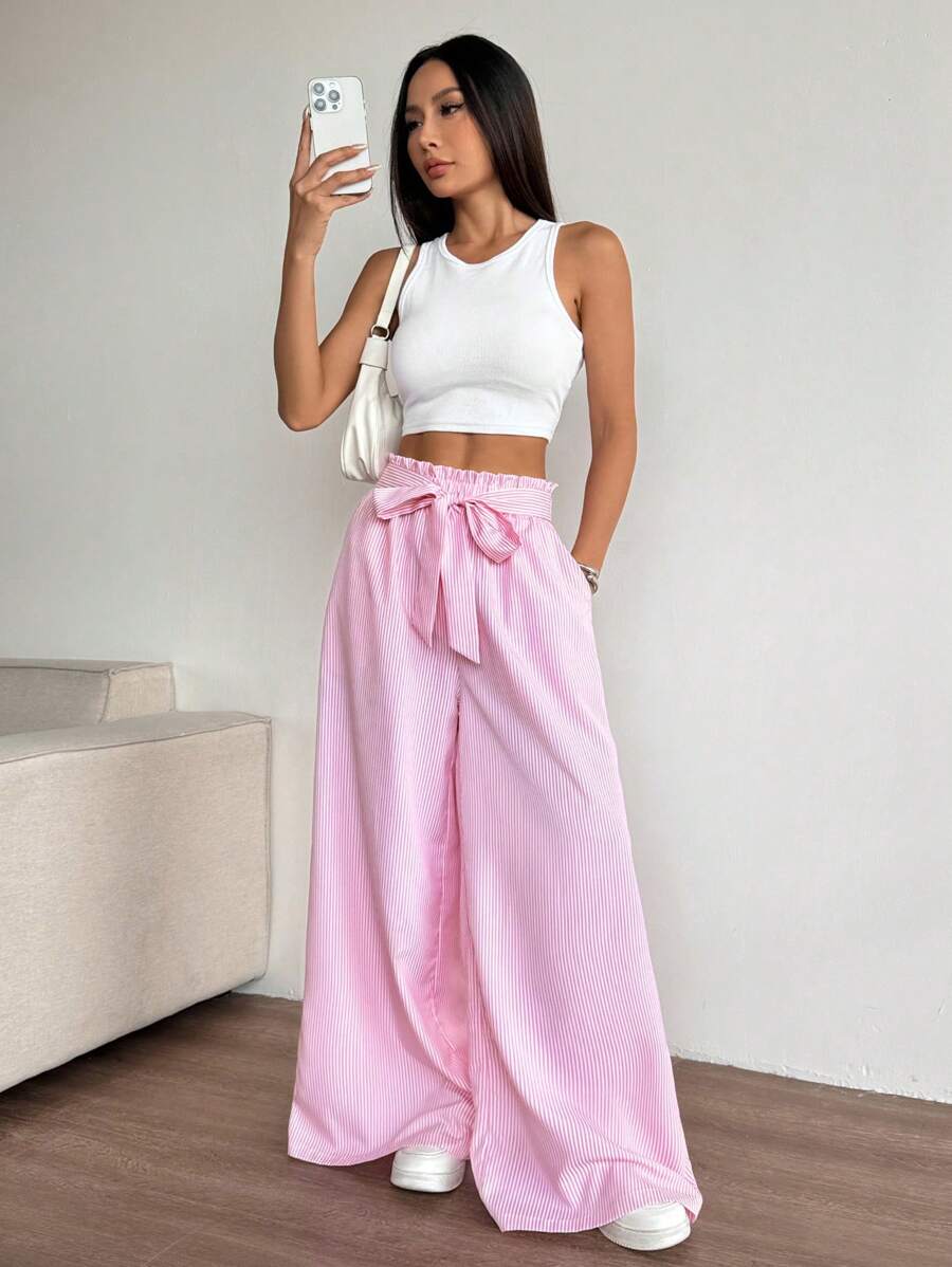 Chiquease Pantalones casuales para mujer con cintura de bolsa de papel, pierna ancha y rayas verticales de color contrastante