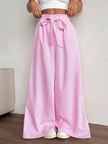 Chiquease Pantalones casuales para mujer con cintura de bolsa de papel, pierna ancha y rayas verticales de color contrastante