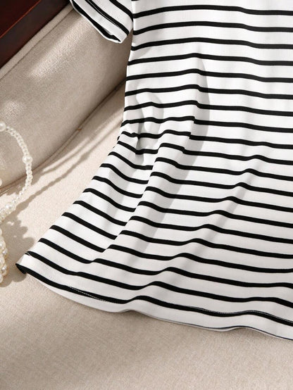 Franclia Camiseta de manga corta de mujer de verano con rayas de contraste, camisa de mujer a rayas de manga corta, blusas de mujer con rayas negras y blancas