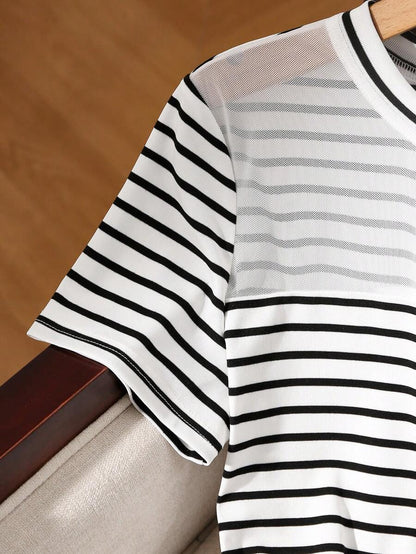 Franclia Camiseta de manga corta de mujer de verano con rayas de contraste, camisa de mujer a rayas de manga corta, blusas de mujer con rayas negras y blancas