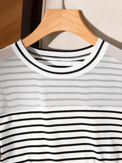 Franclia Camiseta de manga corta de mujer de verano con rayas de contraste, camisa de mujer a rayas de manga corta, blusas de mujer con rayas negras y blancas