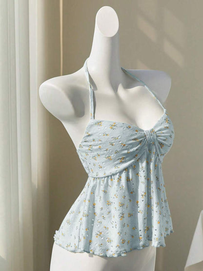 Elamini Camiseta sin espalda con escote en V hueco con estampado de flores diminutas amarillas, sexy y dulce, apta para primavera y verano