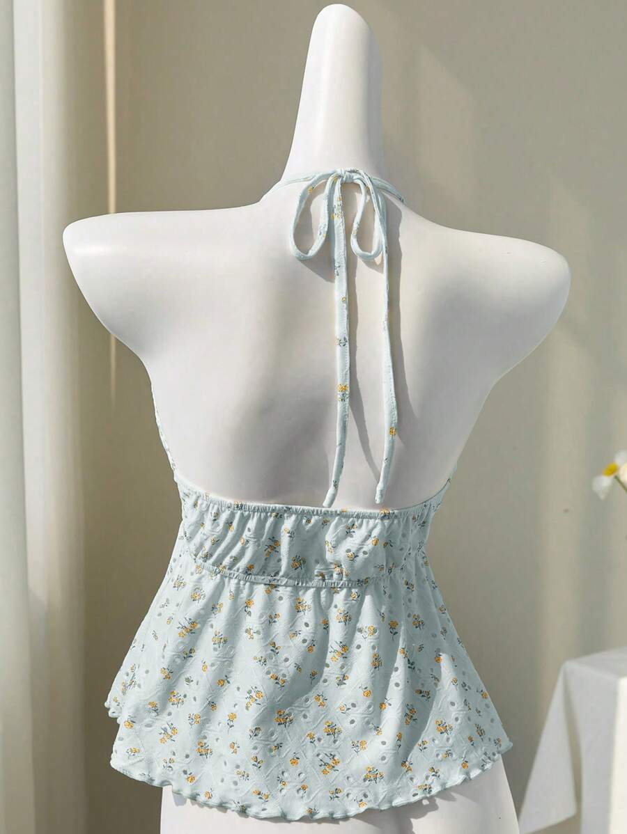 Elamini Camiseta sin espalda con escote en V hueco con estampado de flores diminutas amarillas, sexy y dulce, apta para primavera y verano