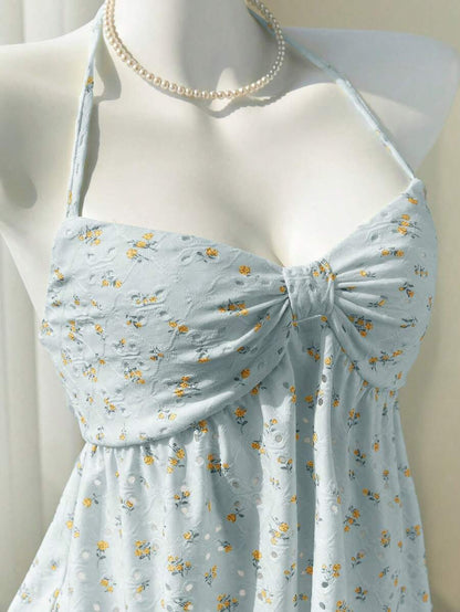 Elamini Camiseta sin espalda con escote en V hueco con estampado de flores diminutas amarillas, sexy y dulce, apta para primavera y verano