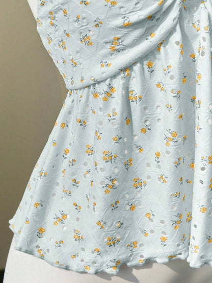 Elamini Camiseta sin espalda con escote en V hueco con estampado de flores diminutas amarillas, sexy y dulce, apta para primavera y verano