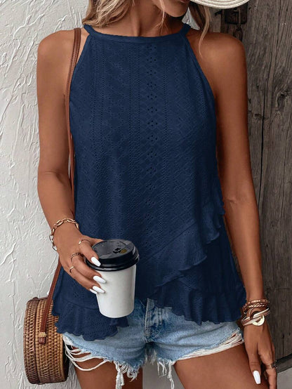 EMERY ROSE Camiseta de tirantes con cuello halter, volantes y bordado floral para vacaciones de verano para mujer