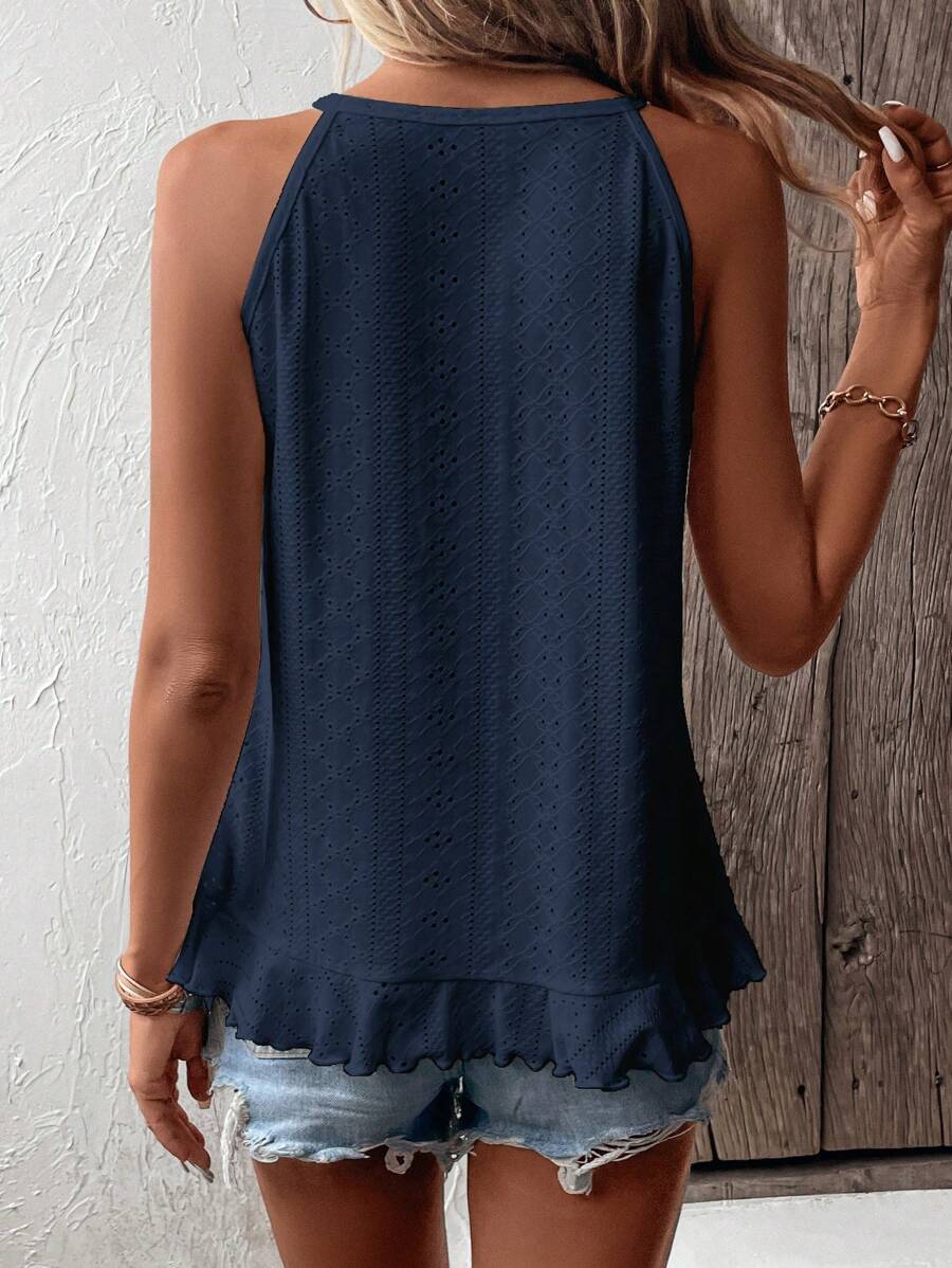 EMERY ROSE Camiseta de tirantes con cuello halter, volantes y bordado floral para vacaciones de verano para mujer