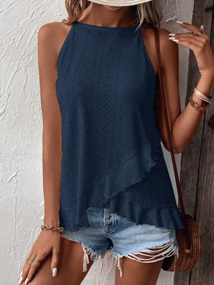 EMERY ROSE Camiseta de tirantes con cuello halter, volantes y bordado floral para vacaciones de verano para mujer