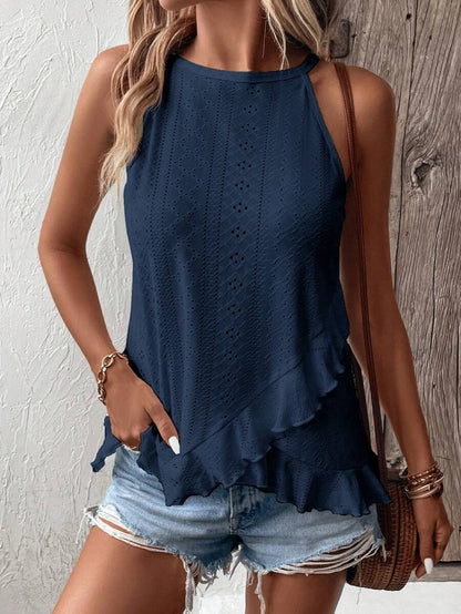 EMERY ROSE Camiseta de tirantes con cuello halter, volantes y bordado floral para vacaciones de verano para mujer
