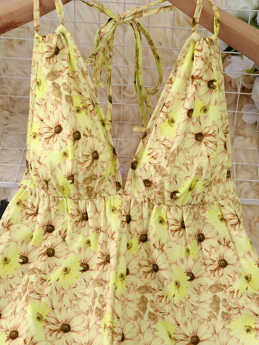 INAWLY Mono de pierna ancha de escote halter sin espalda con estampado, ropa de resort sexy para mujer