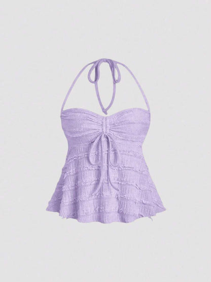 SHEIN PETITE Camiseta de volantes de punto con cuello de corbata y textura acanalada en color albaricoque, sexy, para mujeres de estatura baja