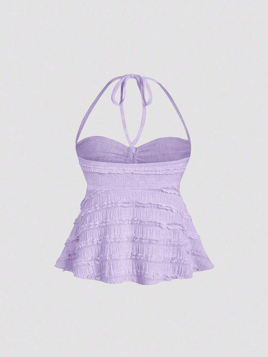 SHEIN PETITE Camiseta de volantes de punto con cuello de corbata y textura acanalada en color albaricoque, sexy, para mujeres de estatura baja