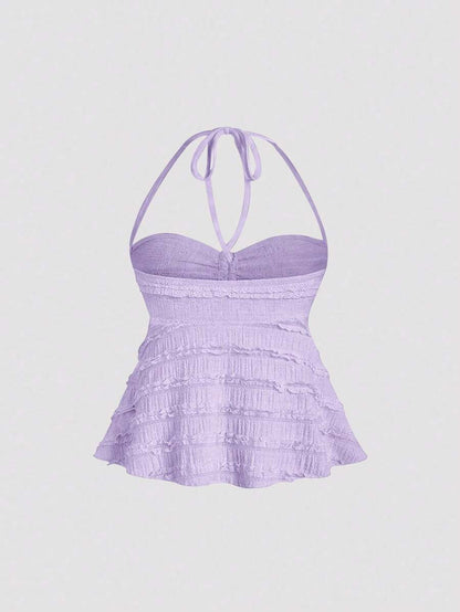 SHEIN PETITE Camiseta de volantes de punto con cuello de corbata y textura acanalada en color albaricoque, sexy, para mujeres de estatura baja