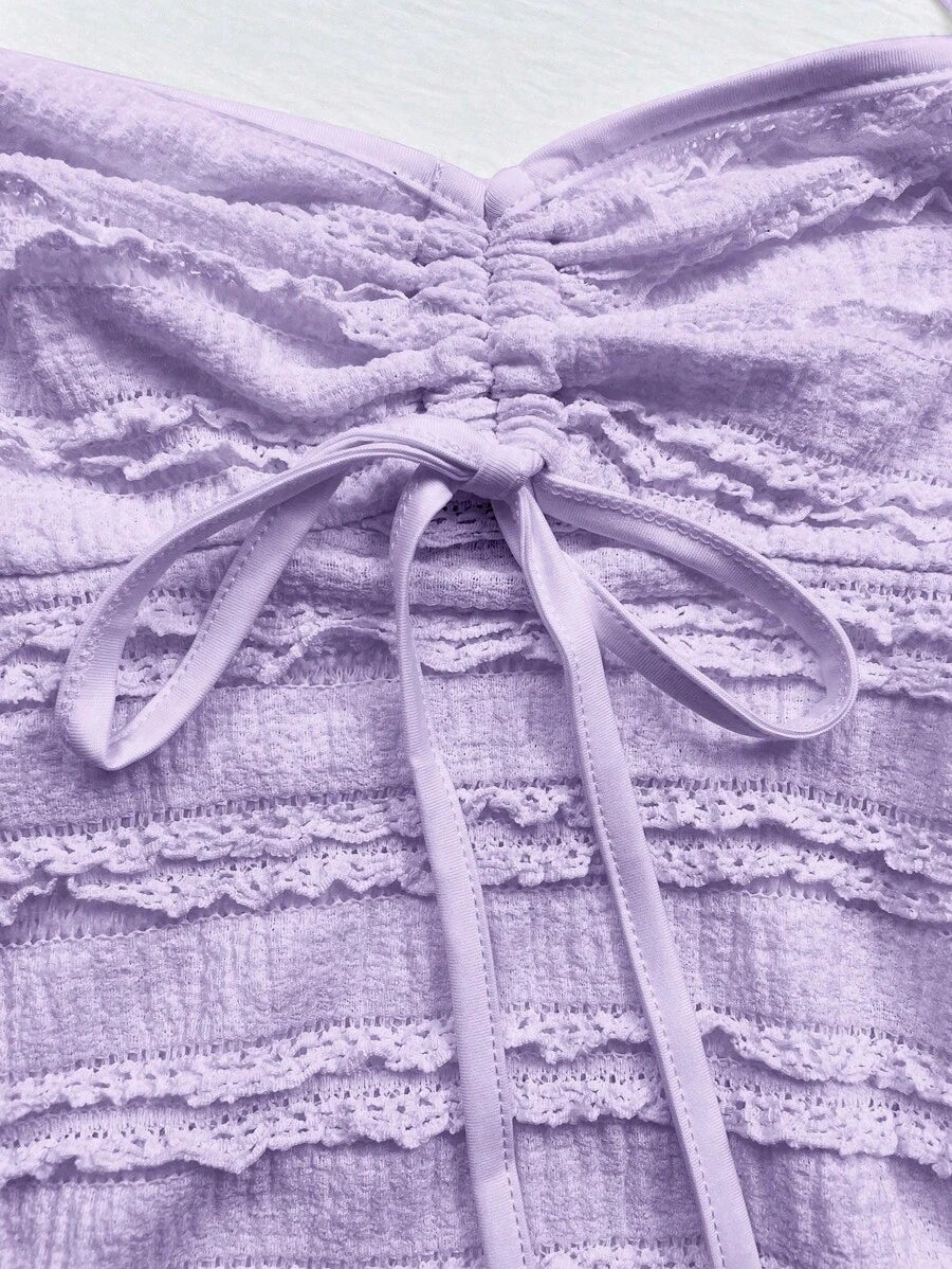 SHEIN PETITE Camiseta de volantes de punto con cuello de corbata y textura acanalada en color albaricoque, sexy, para mujeres de estatura baja