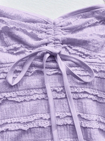 SHEIN PETITE Camiseta de volantes de punto con cuello de corbata y textura acanalada en color albaricoque, sexy, para mujeres de estatura baja