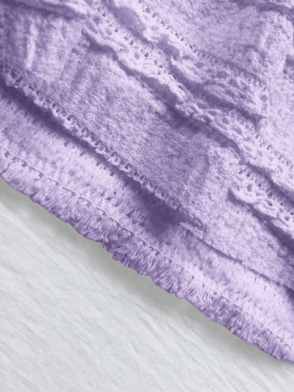 SHEIN PETITE Camiseta de volantes de punto con cuello de corbata y textura acanalada en color albaricoque, sexy, para mujeres de estatura baja